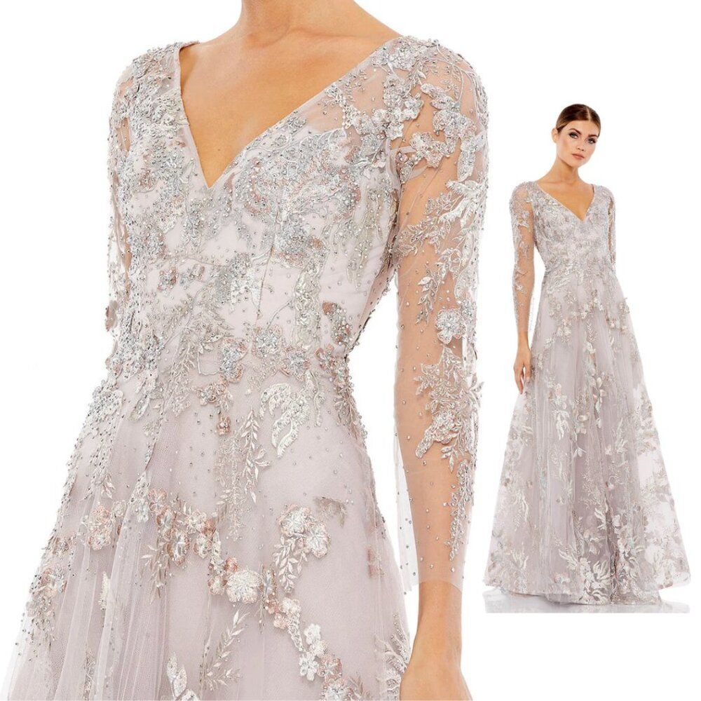 Mac Duggal Size 8 Pastel Light Purple‎ Floral Long Sleeve A-Line Maxi Dress Gown